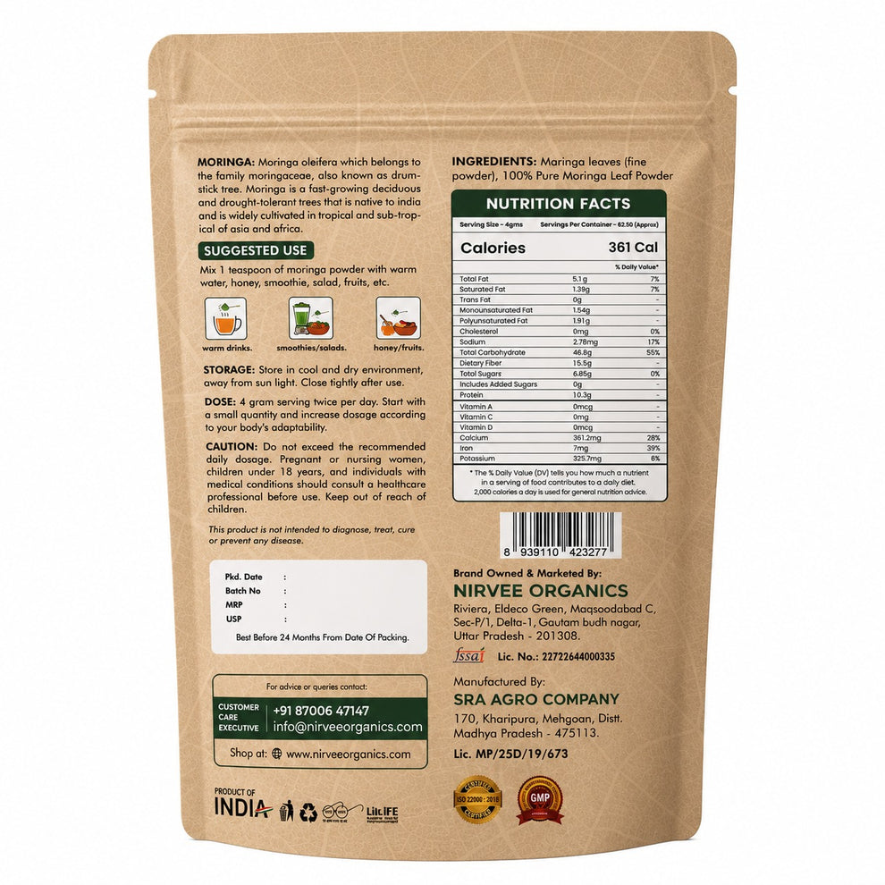 Nirvee Organics Moringa Leaf Powder Back Packaging with Suggested Use